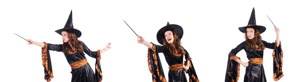 Čarodějnice s hůlkou izolovanou na bílém — Stock fotografie