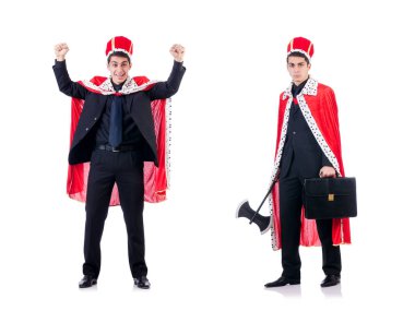 Kralcılık oynayan iş adamı beyazda izole edilmiş.