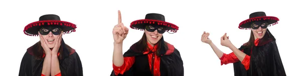 Девушка в черно-красном карнавальном костюме изолирована на белом — стоковое фото