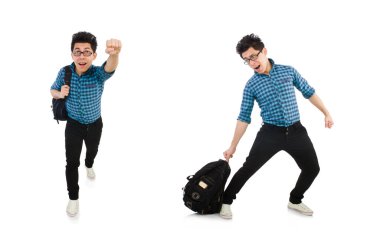 Sırt çantalı öğrenci beyaza izole edilmiş.