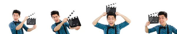 白い上に隔離された映画のクラッパーボードを持つ男 — ストック写真