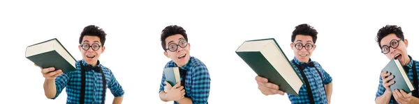 Grappige student met stapel boeken — Stockfoto