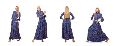 Mavi çiçekli elbisesi olan genç bir kadın, beyaz tenli.