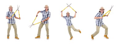 Beyaz Bahçe makası ile komik adam