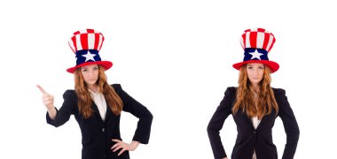 Beyaz üzerine izole edilmiş Amerikan sembolü şapka takan tatlı kız.