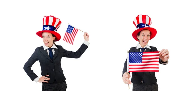 Young woman with american symbols on white — Stock Photo, Image