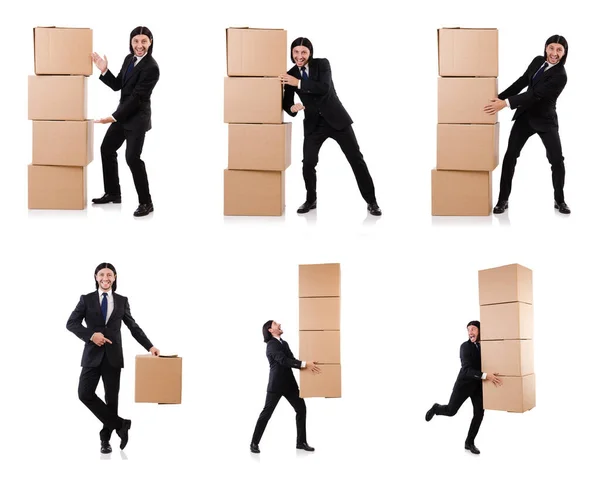 Funny man with boxes on white — Stock Photo, Image