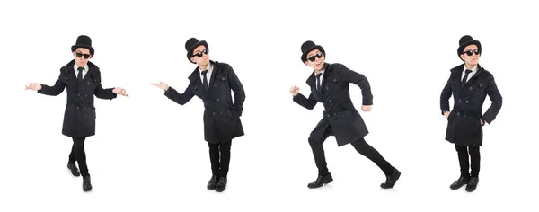 Giovane detective in cappotto nero isolato su bianco — Foto Stock