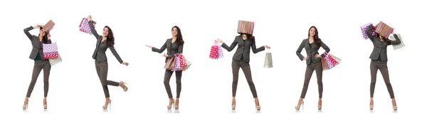 Mulher atraente com sacos de compras isolados em branco — Fotografia de Stock