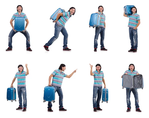 Junger Mann reist mit Koffern isoliert auf weißem Grund — Stockfoto