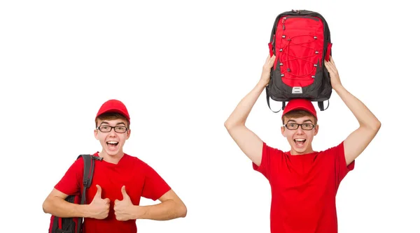 Young traveller with backpack isolated on white — Stock Photo, Image