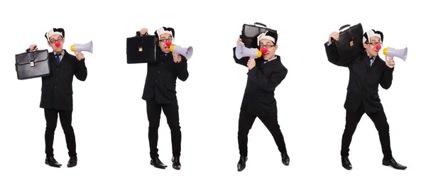 Biznesmen clown z głośnikiem na białym — Zdjęcie stockowe