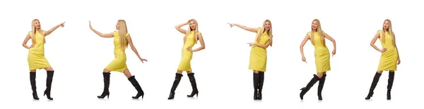 Hübsches helles Mädchen in gelbem Kleid isoliert auf weißem Grund — Stockfoto