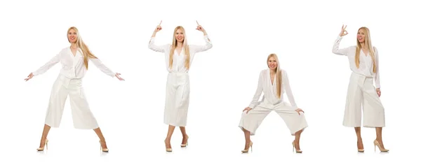 Blond vlasy model v elegantní rozšířené kalhoty izolované na bílém — Stock fotografie