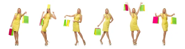 Donna con molte borse della spesa su bianco — Foto Stock