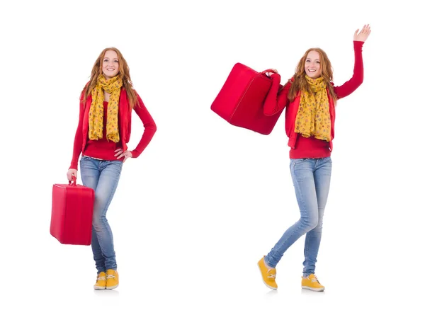 Mujer preparándose para las vacaciones con maleta en blanco — Foto de Stock