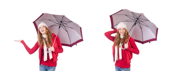 Junge Frau mit Regenschirm auf weißem Grund — Stockfoto