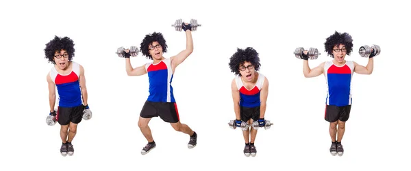 Funny man exercising with dumbbells — Stock Photo, Image