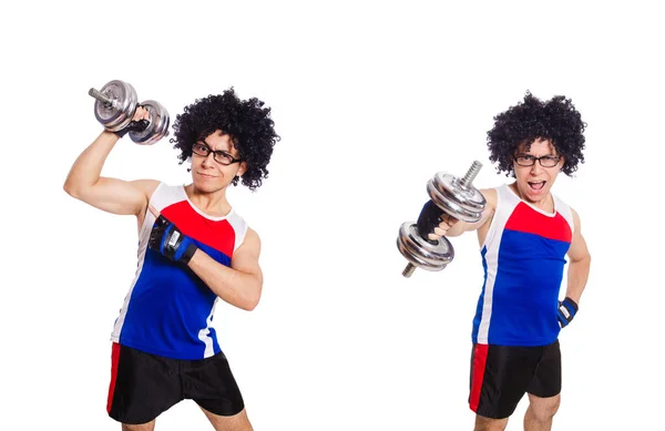 Funny man exercising with dumbbells — Stock Photo, Image