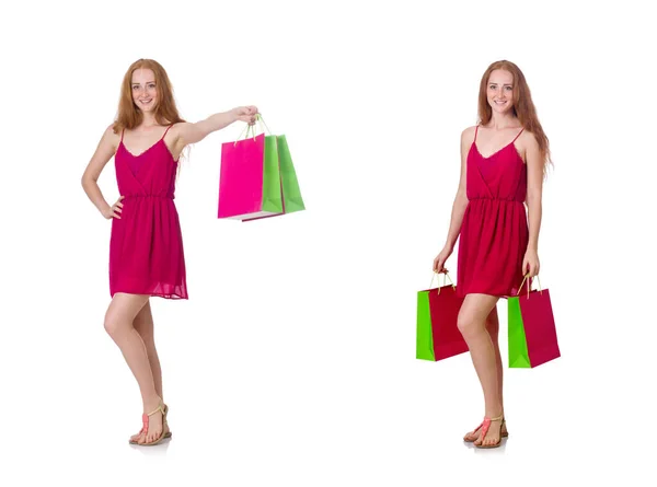 白に隔離されたショッピングバッグを持つ女性 — ストック写真