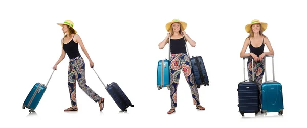 Woman ready for summer travel isolated on white — Stock Photo, Image