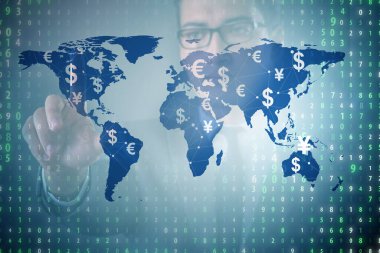 İş adamıyla küresel para transferi ve döviz konsepti
