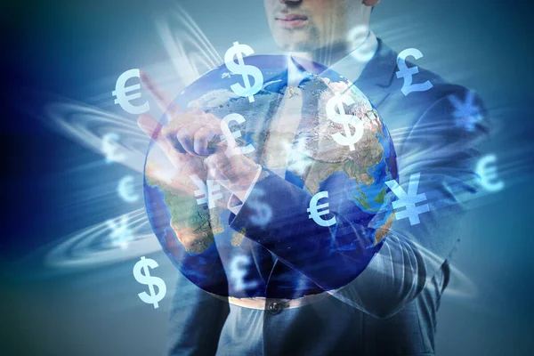 Global money transfer and exchange concept with businessman — Stock Photo, Image