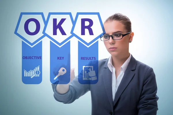 Concepto OKR con resultados clave objetivos y empresaria —  Fotos de Stock