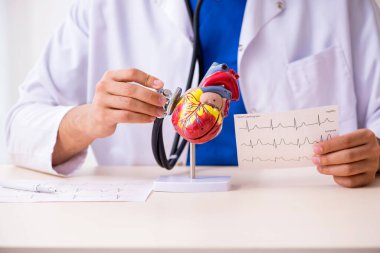 Klinikte çalışan genç bir erkek kardiyolog.