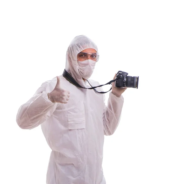 Forensic specialist in protective suit taking photos on white — Stock Photo, Image