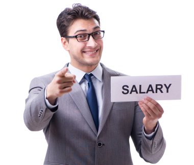 İşadamı maaş zammı istiyor. Beyaz sırtından izole edilmiş.