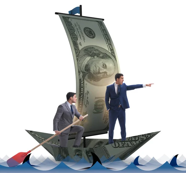 Empresario remando en barco dólar en concepto financiero de negocios — Foto de Stock