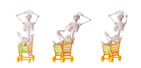 Skeleton with shopping cart trolley isolated on white — Stock Photo, Image