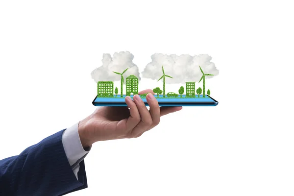 Hand holding tablet with mini ecosystem and clean energy — Stock Photo, Image