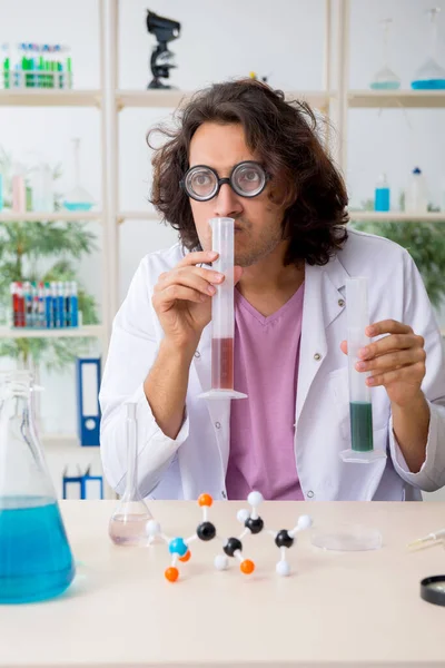 Grappige mannelijke chemicus die in het lab werkt — Stockfoto