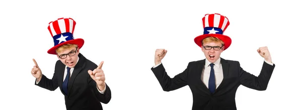 Бізнесмен з американським капелюхом ізольований на білому — стокове фото