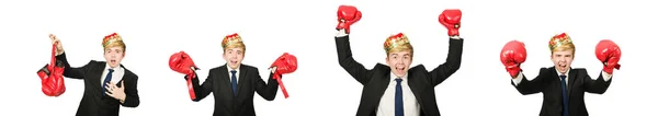 Funny businessman with crown and boxing gloves — Stock Photo, Image