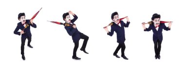 Beyaz şemsiyeli komik adam.