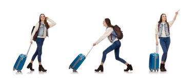 genç gülümseyen kız beyaz izole bir çanta