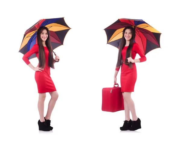 Femme avec valise et parapluie isolé sur blanc — Photo