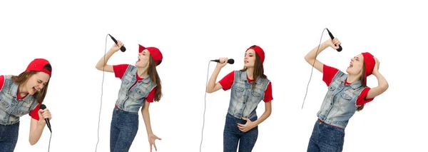 Söt flicka sjunger karaoke isolerad på vitt — Stockfoto