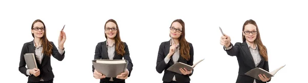 Dame de travail avec du papier isolé sur blanc — Photo