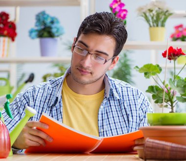 Çiçekçide çalışan genç bir adam.