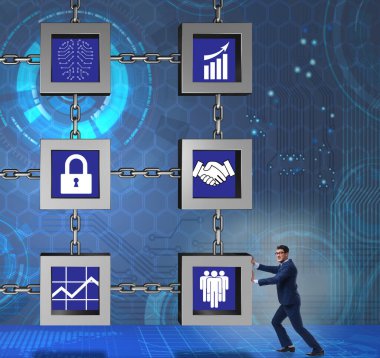 Engelleme zinciri kripto para birimi kavramında iş adamı