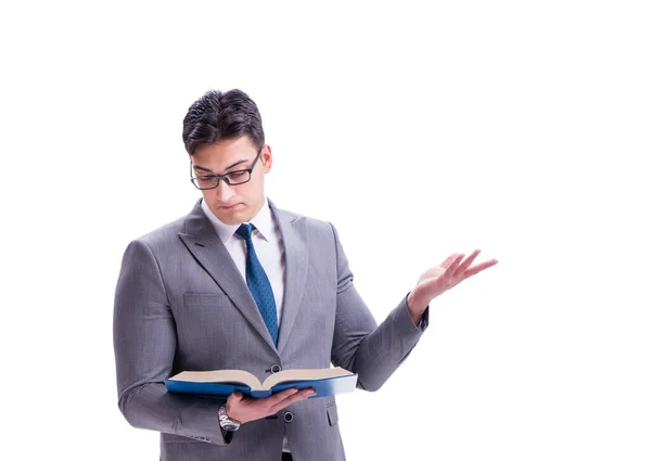 Empresário estudante lendo um livro isolado em fundo branco — Fotografia de Stock