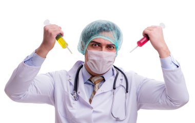 Beyaz şırıngalı komik doktor.