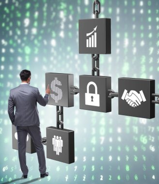 Engelleme zinciri kripto para birimi kavramında iş adamı