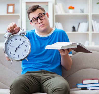 Sınavlara hazırlanan genç öğrenci kanepede ders çalışıyor.