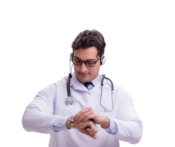 Jonge arts met telefoon headset geïsoleerd op wit — Stockfoto