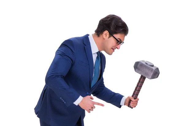 Geschäftsmann mit Hammer isoliert auf weißem Hintergrund — Stockfoto